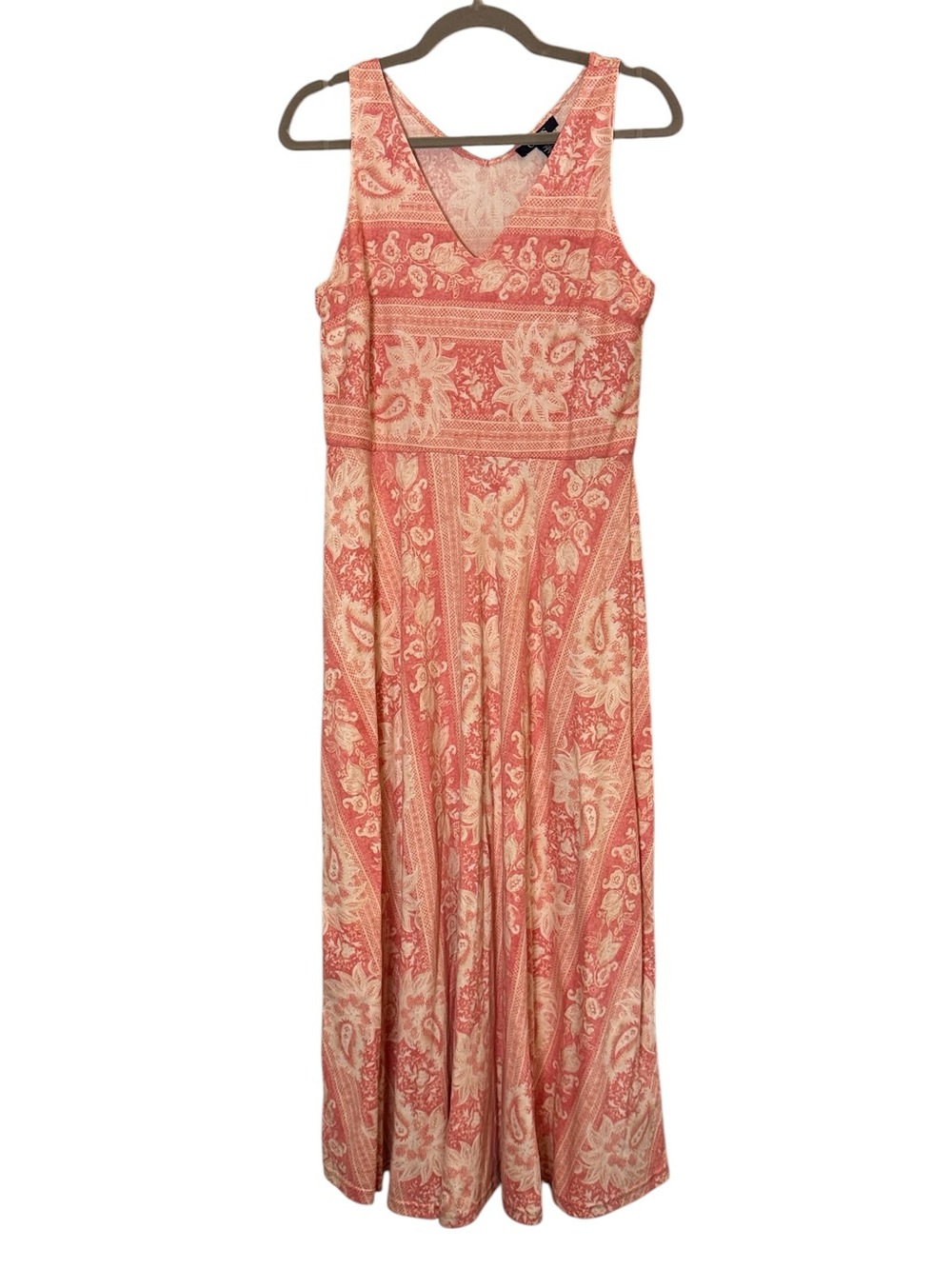 Chaps Women’s Coral/Cream Paisley Prairie Cotton Sleeveless Maxi Dress sz M